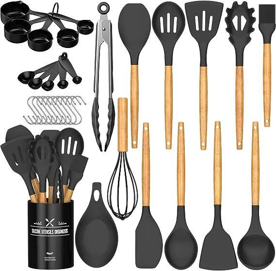Chef Kitchen Cooking Utensils Set, 33 pcs Non-Stick Utensils Spatula Set with Holder, Black Wooden Handle Silicone Kitchen Gadgets