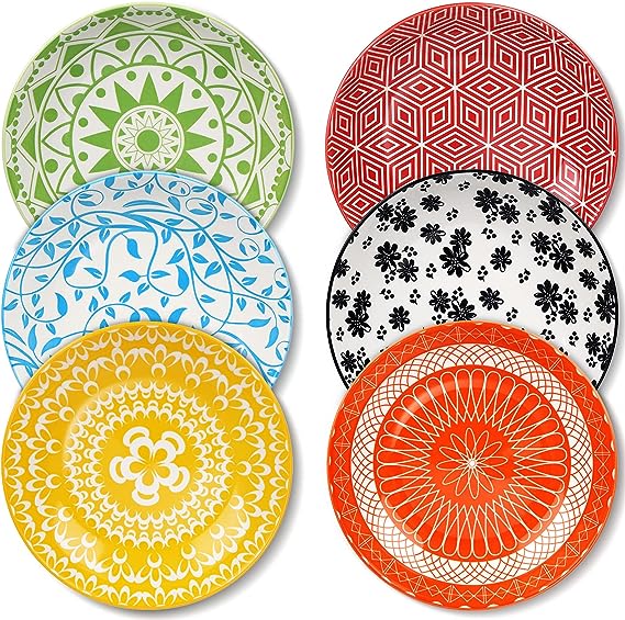 Ceramic Pasta Bowls Set of 6, 30 oz Large Salad Bowl, 8.2 Inch Wide and Shallow Serving Plates Bowls, Colorful Bowls for kitchen, Soup Bowls for Pasta, Salad, Soup, Microwave & Dishwasher Safe