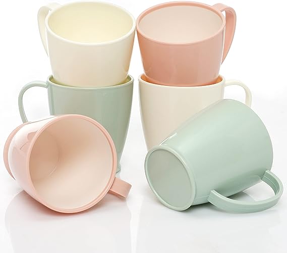  Coffee cup 6-piece set, plastic coffee cup set, 10 oz non-breakable plastic coffee cup, with handle, BPA-free, 3colors, reusable plastic cup (dishwasher safe)
