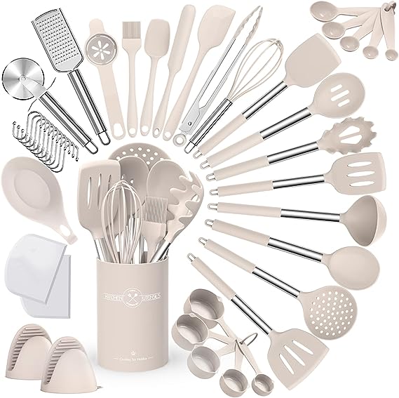 Silicone Kitchen Cooking Utensil Set, 43 pcs Spatula Set with Stainless Steel Handle, Non-stick Heat Resistant - Best Cookware Set-(Khaki)