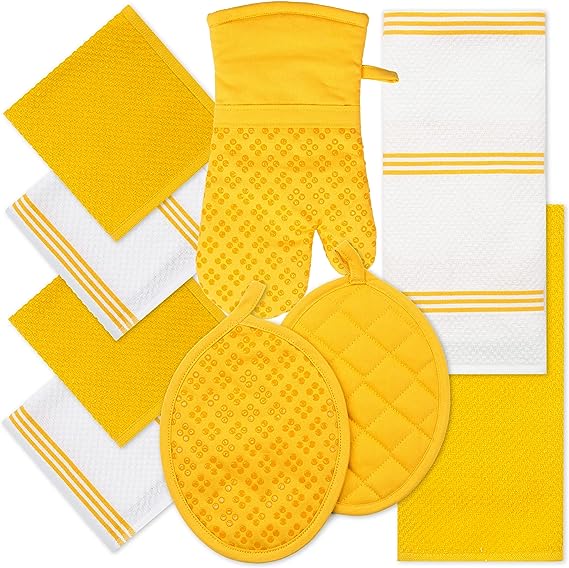 Kitchen Towels Dishcloths Oven Mitts and Pot Holders Set of 9,  100% Cotton Terry Dish Towels & Dish Cloths, Non-Slip Silicone, Yellow
