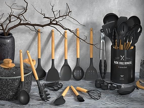Chef Kitchen Cooking Utensils Set, 33 pcs Non-Stick Utensils Spatula Set with Holder, Black Wooden Handle Silicone Kitchen Gadgets