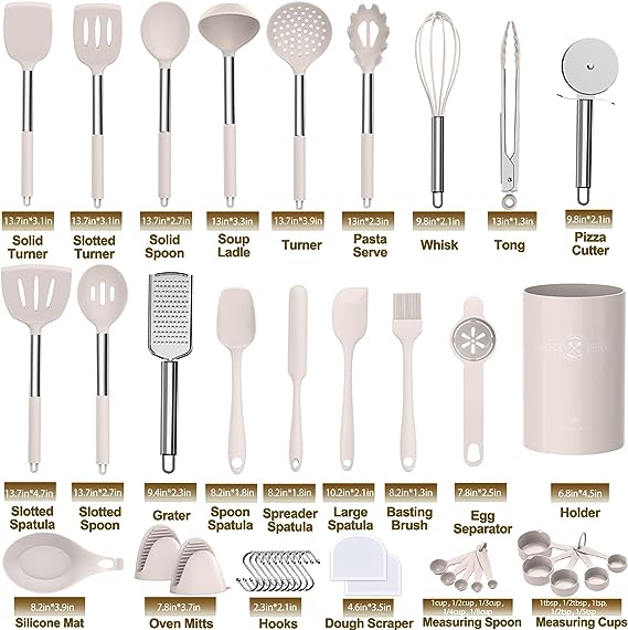 Silicone Kitchen Cooking Utensil Set, 43 pcs Spatula Set with Stainless Steel Handle, Non-stick Heat Resistant - Best Cookware Set-(Khaki)