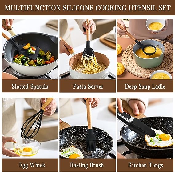 Chef Kitchen Cooking Utensils Set, 33 pcs Non-Stick Utensils Spatula Set with Holder, Black Wooden Handle Silicone Kitchen Gadgets