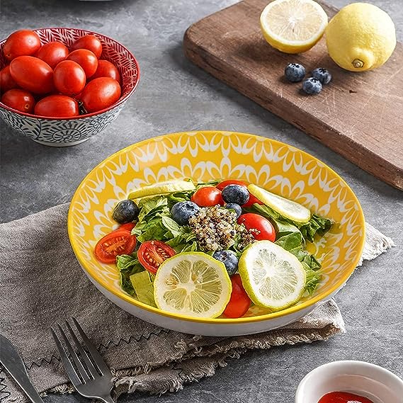 Ceramic Pasta Bowls Set of 6, 30 oz Large Salad Bowl, 8.2 Inch Wide and Shallow Serving Plates Bowls, Colorful Bowls for kitchen, Soup Bowls for Pasta, Salad, Soup, Microwave & Dishwasher Safe