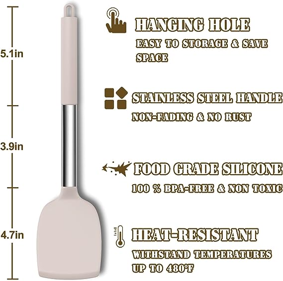 Silicone Kitchen Cooking Utensil Set, 43 pcs Spatula Set with Stainless Steel Handle, Non-stick Heat Resistant - Best Cookware Set-(Khaki)