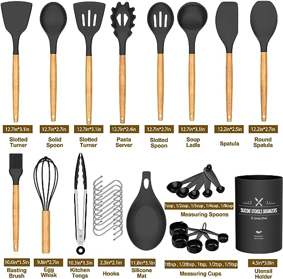 Chef Kitchen Cooking Utensils Set, 33 pcs Non-Stick Utensils Spatula Set with Holder, Black Wooden Handle Silicone Kitchen Gadgets