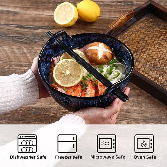  Ramen Bowl with Chopsticks and Spoons Set, 7 Inch Ceramic Noodle Bowl Set of 2, Dishwasher Safe for Pho Udon Soba Noodle Salad Pasta