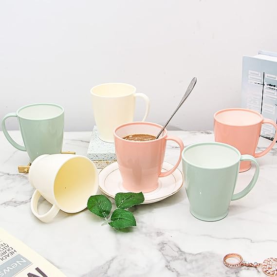 Coffee cup 6-piece set, plastic coffee cup set, 10 oz non-breakable plastic coffee cup, with handle, BPA-free, 3colors, reusable plastic cup (dishwasher safe)