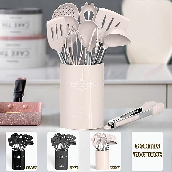 Silicone Kitchen Cooking Utensil Set, 43 pcs Spatula Set with Stainless Steel Handle, Non-stick Heat Resistant - Best Cookware Set-(Khaki)