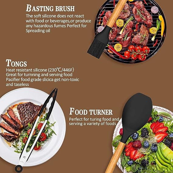 Chef Kitchen Cooking Utensils Set, 33 pcs Non-Stick Utensils Spatula Set with Holder, Black Wooden Handle Silicone Kitchen Gadgets