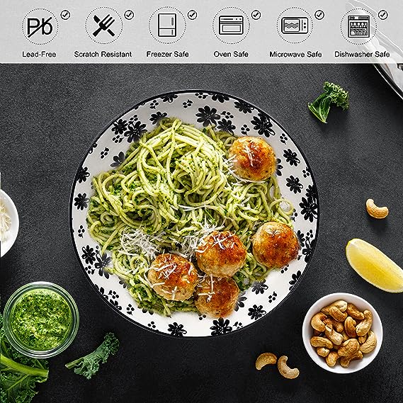 Ceramic Pasta Bowls Set of 6, 30 oz Large Salad Bowl, 8.2 Inch Wide and Shallow Serving Plates Bowls, Colorful Bowls for kitchen, Soup Bowls for Pasta, Salad, Soup, Microwave & Dishwasher Safe