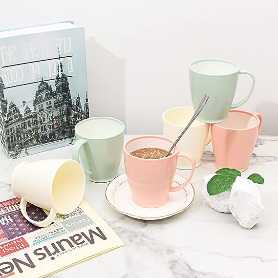  Coffee cup 6-piece set, plastic coffee cup set, 10 oz non-breakable plastic coffee cup, with handle, BPA-free, 3colors, reusable plastic cup (dishwasher safe)