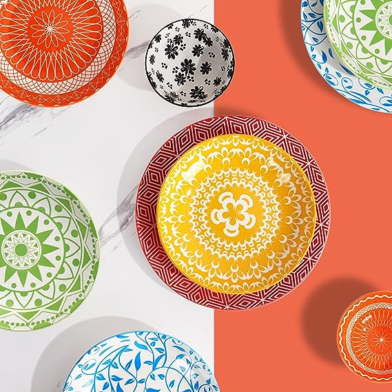 Ceramic Pasta Bowls Set of 6, 30 oz Large Salad Bowl, 8.2 Inch Wide and Shallow Serving Plates Bowls, Colorful Bowls for kitchen, Soup Bowls for Pasta, Salad, Soup, Microwave & Dishwasher Safe