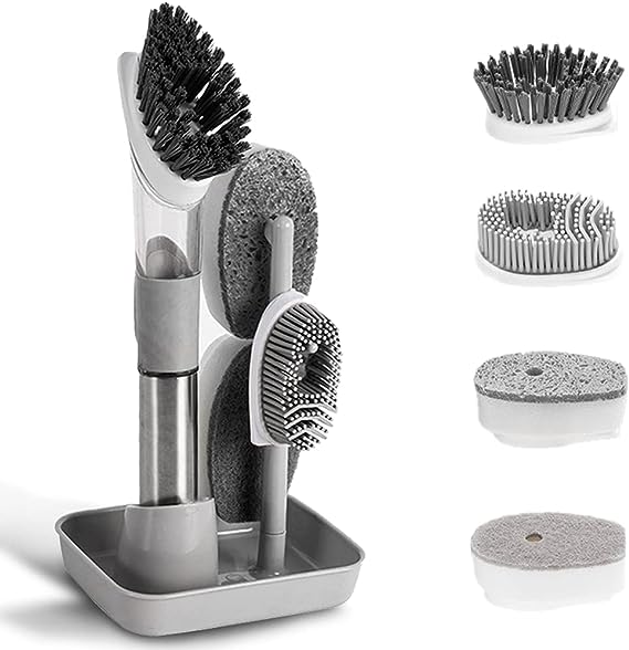 Dish Cleaning Brush, Soap Dispensing Dish Brush Set with 4 Replacement Heads and Storage Holder, Kitchen Scrub Brush for Dish Pot Pan Sink Cleaning (Grey)