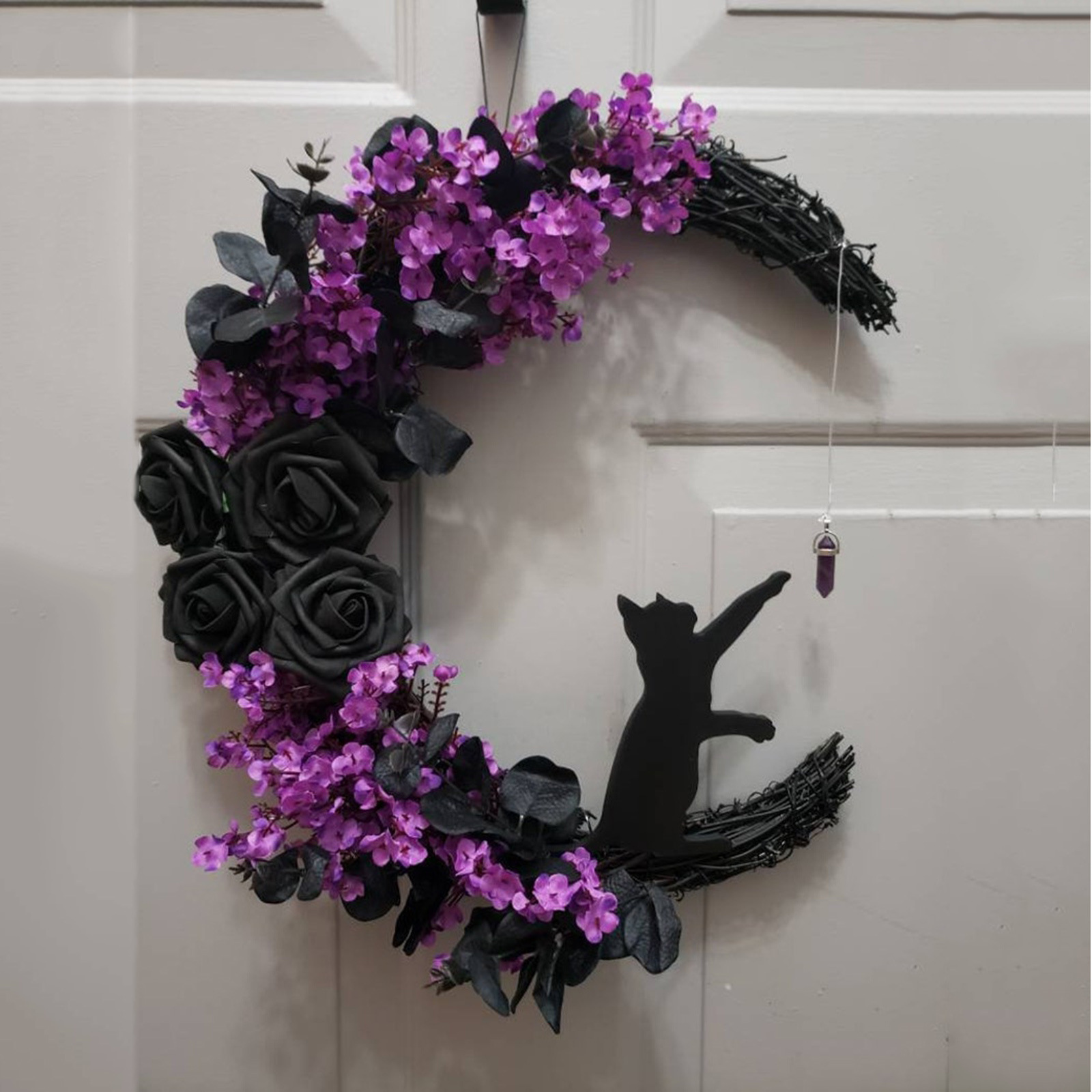 🎃Halloween Wreath Moon Decorations Purple Floral Cat Door Sign Hanging Ornament Wall 