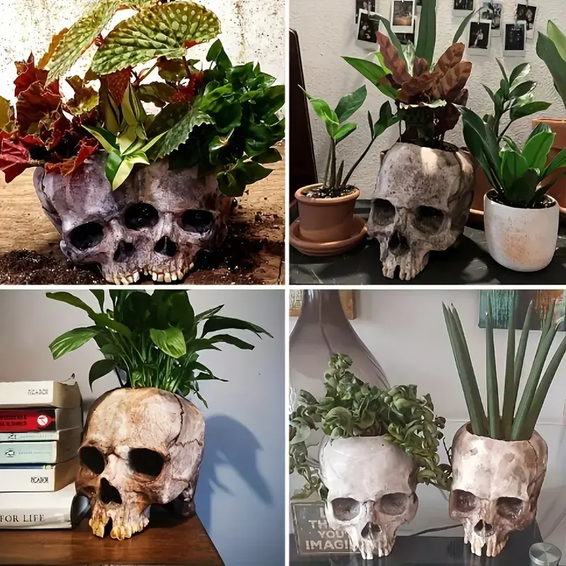 💀Resin Skull Planter, Halloween Decoration Gothic  Head Flower  Pot Carved，1 set🎃