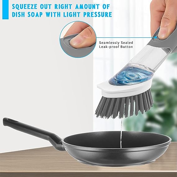 Dish Cleaning Brush, Soap Dispensing Dish Brush Set with 4 Replacement Heads and Storage Holder, Kitchen Scrub Brush for Dish Pot Pan Sink Cleaning (Grey)