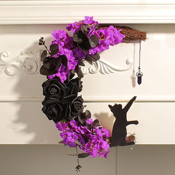 🎃Halloween Wreath Moon Decorations Purple Floral Cat Door Sign Hanging Ornament Wall 