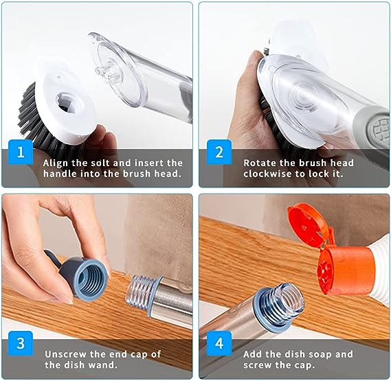 Dish Cleaning Brush, Soap Dispensing Dish Brush Set with 4 Replacement Heads and Storage Holder, Kitchen Scrub Brush for Dish Pot Pan Sink Cleaning (Grey)
