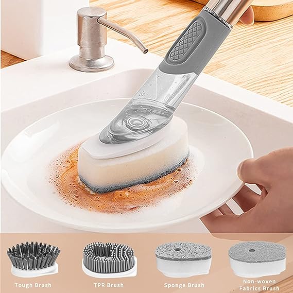 Dish Cleaning Brush, Soap Dispensing Dish Brush Set with 4 Replacement Heads and Storage Holder, Kitchen Scrub Brush for Dish Pot Pan Sink Cleaning (Grey)
