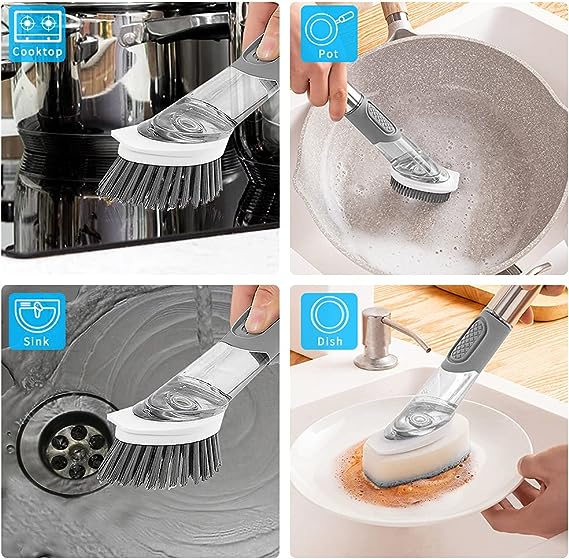 Dish Cleaning Brush, Soap Dispensing Dish Brush Set with 4 Replacement Heads and Storage Holder, Kitchen Scrub Brush for Dish Pot Pan Sink Cleaning (Grey)