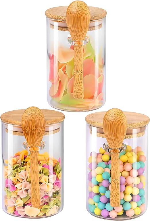 3-pack 18oz Airtight Glass Storage Canister with Wood Lid Spoon and Tray, Food Glass Jars ,Overnight Oats Containers with Lids,Decorative Kitchen Jars for Coffee Tea Sugar Spice,Salt Containers