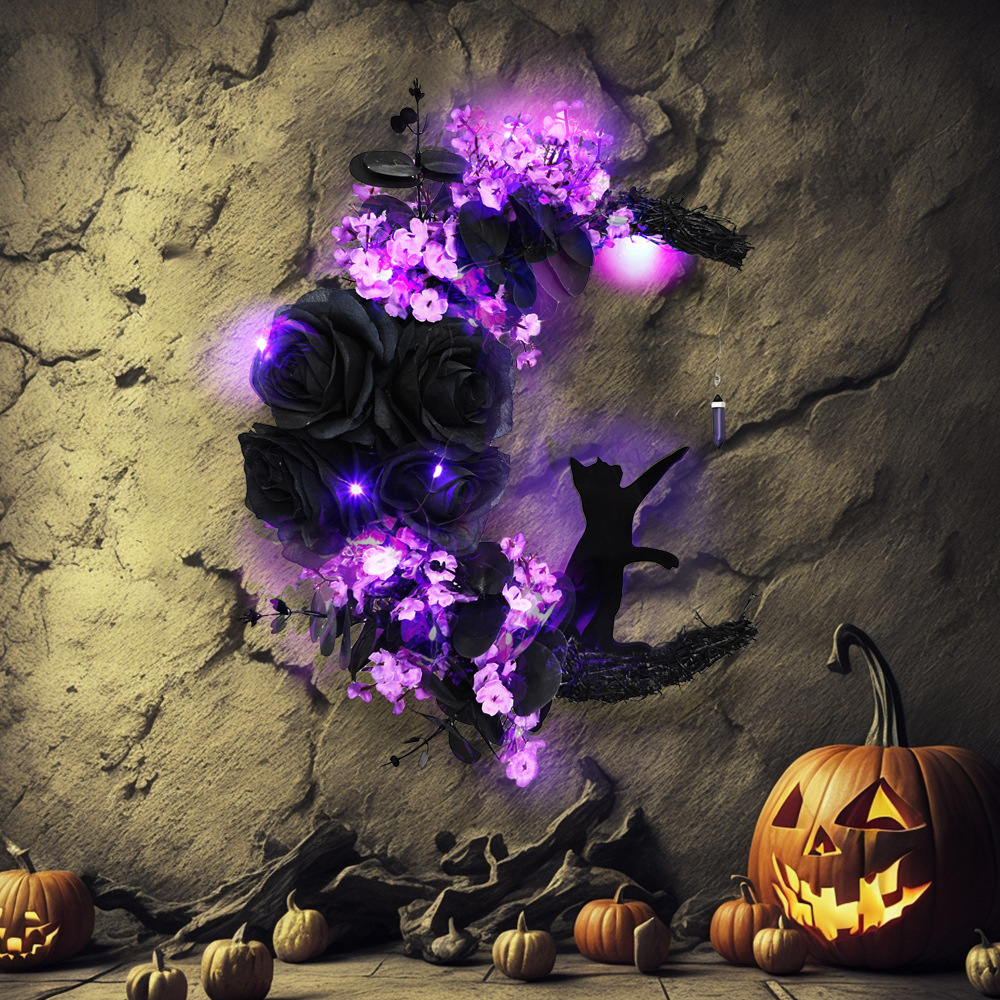 🎃Halloween Wreath Moon Decorations Purple Floral Cat Door Sign Hanging Ornament Wall 