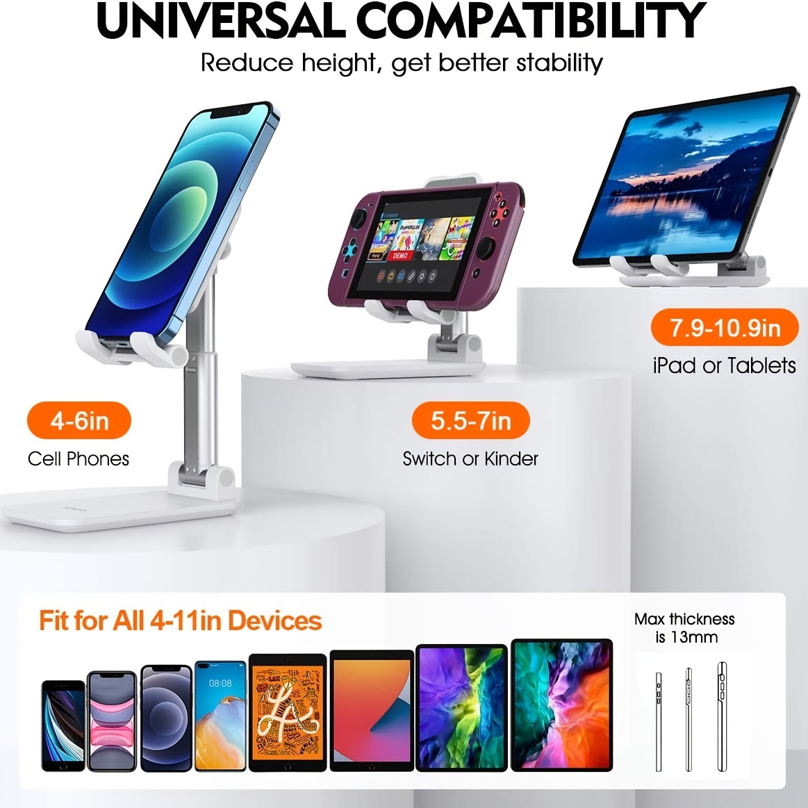 Foldable Mobile Phone Tablet Stand Holder, Angle Height Adjustable For Apple Android Smartphone E-Reader Tablet