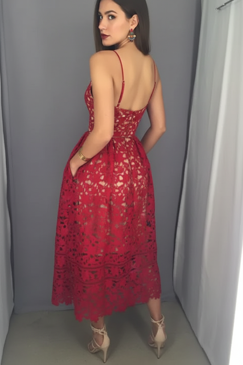Sexy Red Lace Mini Cocktail DressSpaghetti Strap Sleeveless A-line BA3376