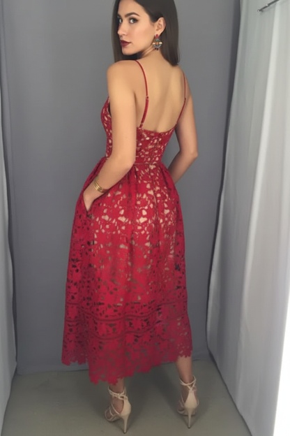 Sexy Red Lace Mini Cocktail DressSpaghetti Strap Sleeveless A-line BA3376