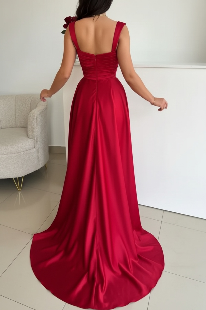 Red Sweetheart Ruffle Satin Front Slit Prom Dresses with Straps