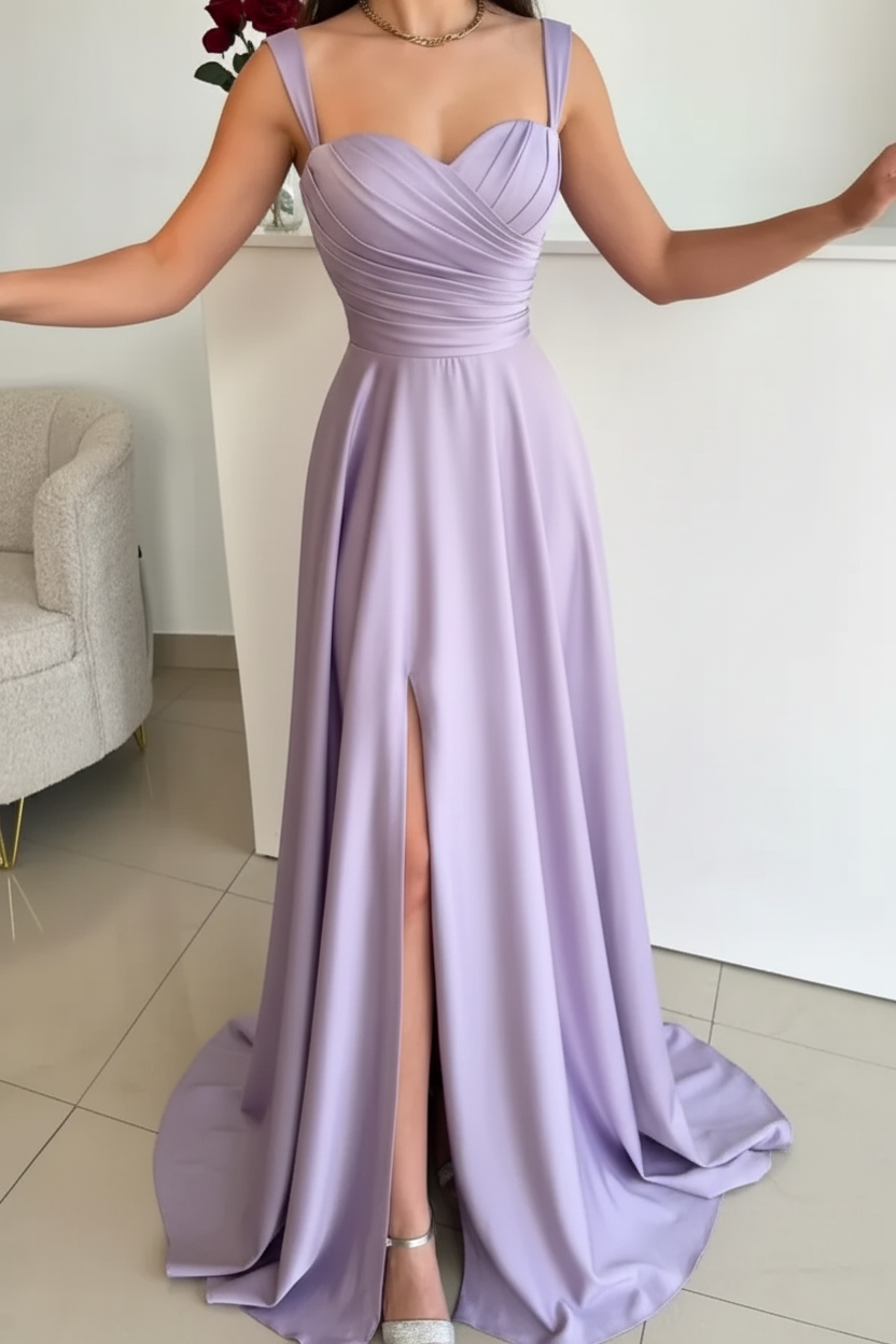 Red Sweetheart Ruffle Satin Front Slit Prom Dresses with Straps