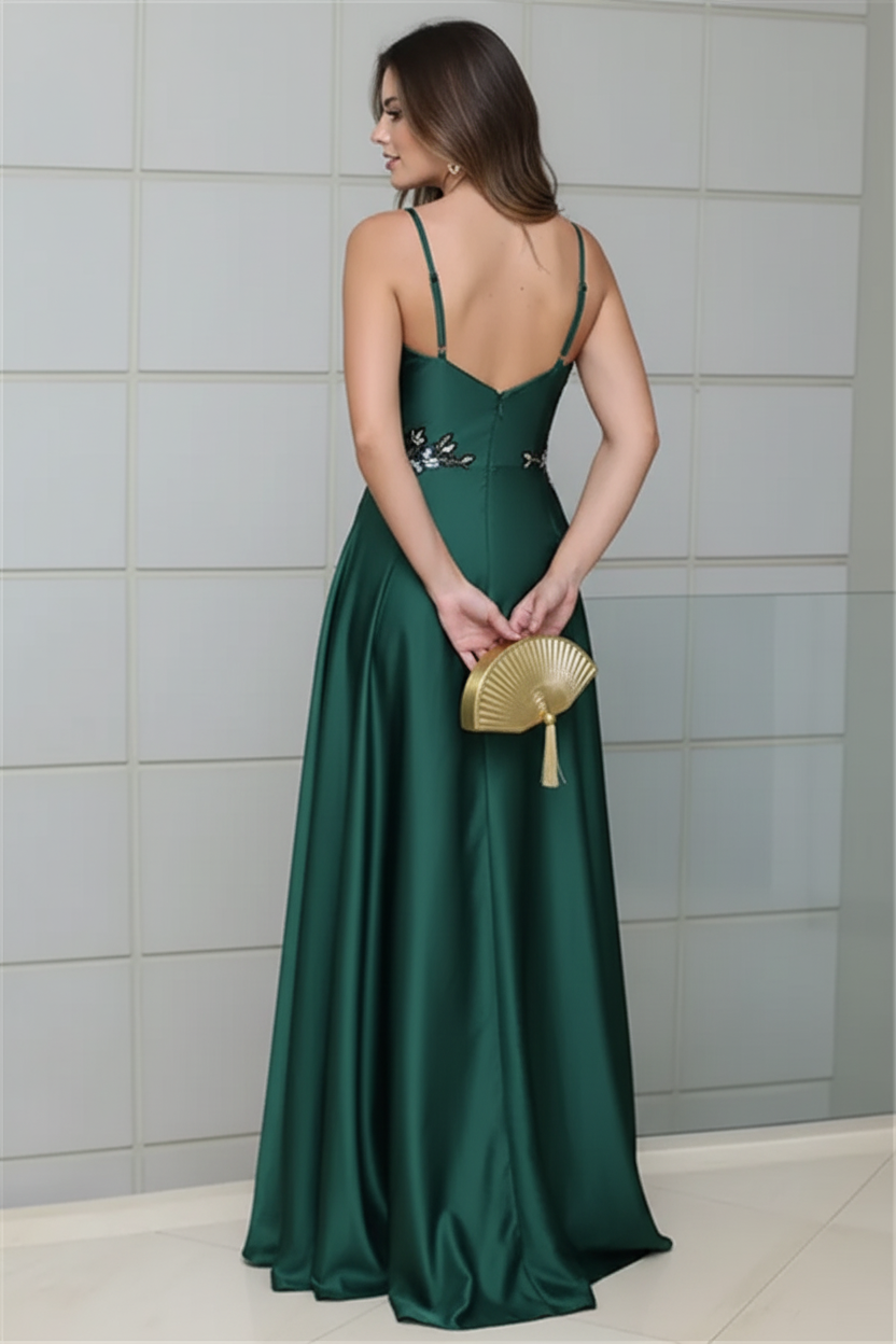 Deep V-Neck Spaghetti Straps Sleeveless A-line Prom Dress Satin with Side-Slit