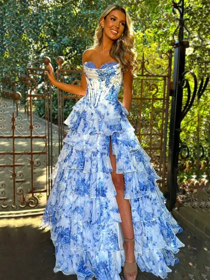 Strapless Chiffon A-Line Prom Dresses with Slit
