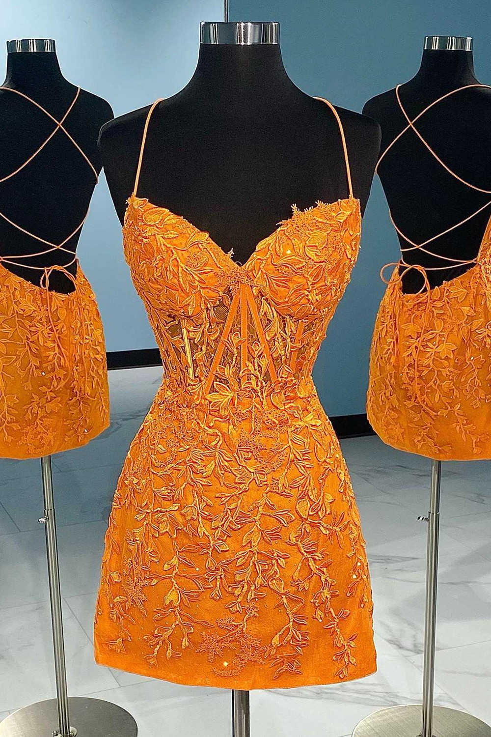 Spaghetti Straps Sweetheart Floral Lace Mini Party Dress Short Homecoming Dress with Lace-up-newarrivaldress