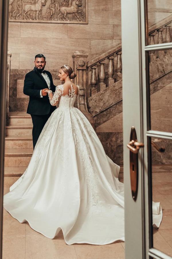 Gorgeous Long Sleeves A-line Wedding Dress Satin Lace Ball Gown with Appliques-newarrivaldress