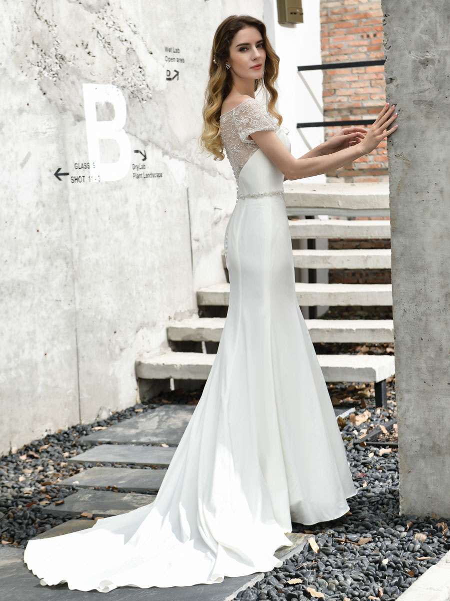 Wedding Dress Short Sleeves Illusion Neck Beaded Mermaid Bridal Gowns-newarrivaldress