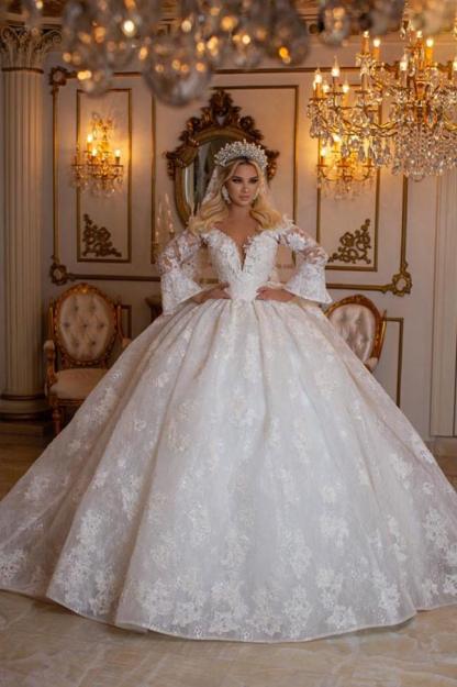 Gorgeous Puffy Sleeves Aline Wedding Dresses Tulle Lace Appliques Bridal Gown-newarrivaldress