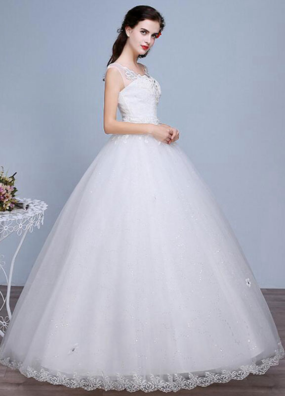 Ivory Wedding Dress Lace Sleeveless V Neck Rhinestones Beaded A-Line Floor Length Bridal Gown-newarrivaldress