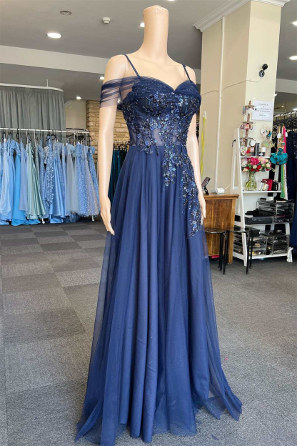 Off-the-Shoulder Navy Blue Evening Dress Tulle Lace Formal Dresses with Appliques-newarrivaldress