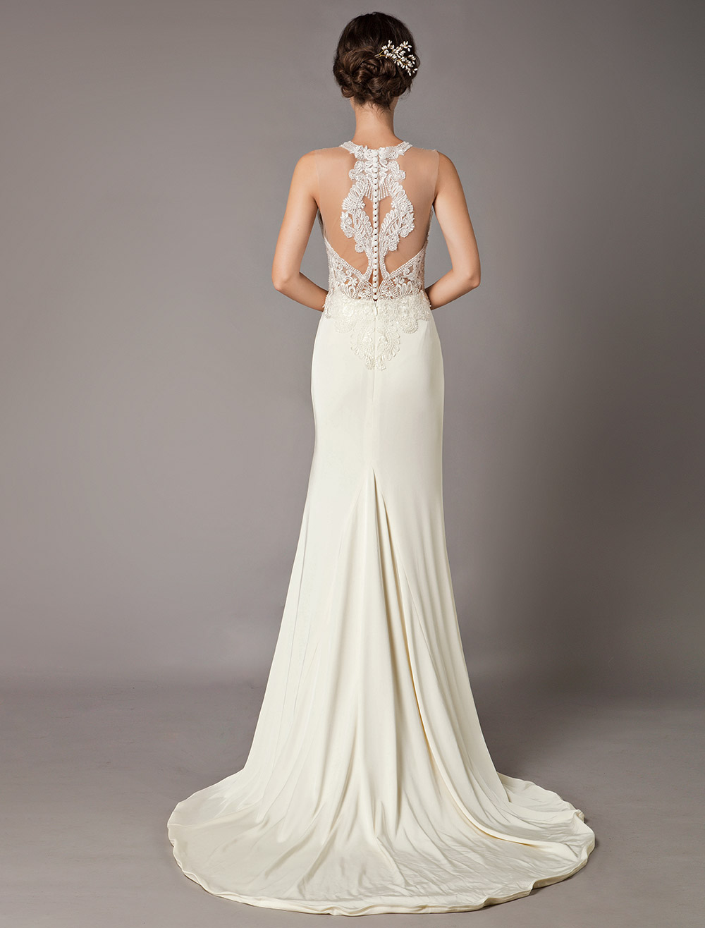 Wedding Dresses Ivory Lace Sleeveless Illusion Sheath Column Bridal Gowns With Train-newarrivaldress