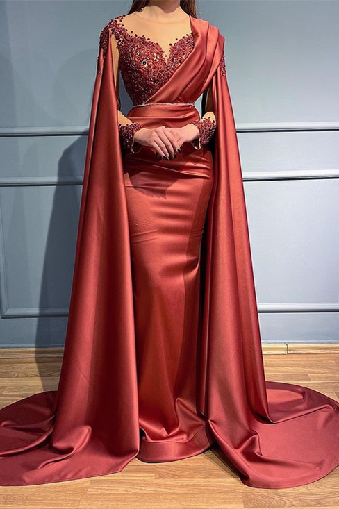 Charming Burgundy Satin Mermaid Evening Dress Long Sleeves Appliques Prom Dress with Shawl-newarrivaldress