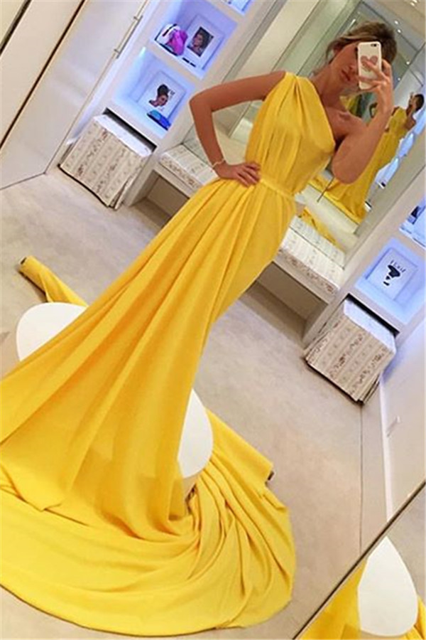 Chic Yellow One-Shoulder Sleeveless Long Prom Dress-newarrivaldress