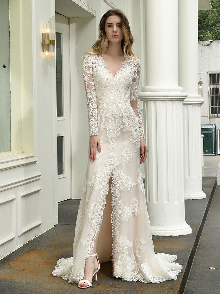 Boho Wedding Dress V Neck Sleeveless Natural Waist Lace Bridal Gowns With Train-newarrivaldress