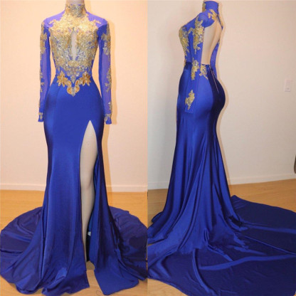 Side Slit Royal Blue Gold Long Prom Dresses | Open Back Long Sleeve Evening Dress-newarrivaldress