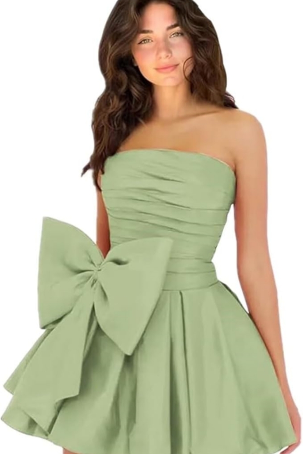 Simple Strapless Ruffle Satin Short Homecoming Dress Sleeveless Mini Party Dress with Bow-newarrivaldress