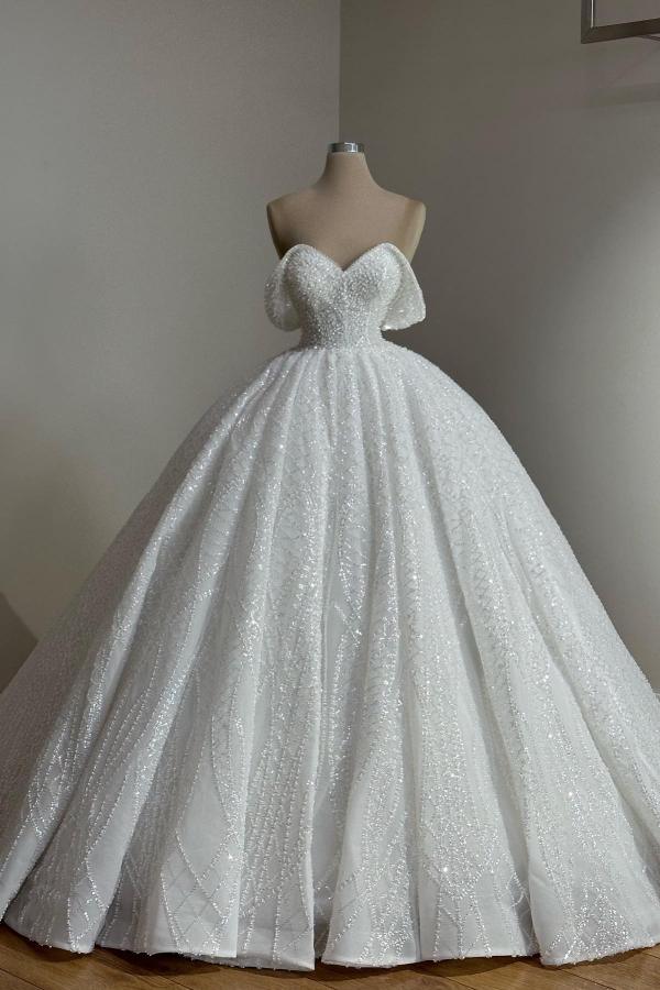 Glitter Sequins White Ball Gown Off-the-Shoulder Beadings Aline Wedding Gowns-newarrivaldress
