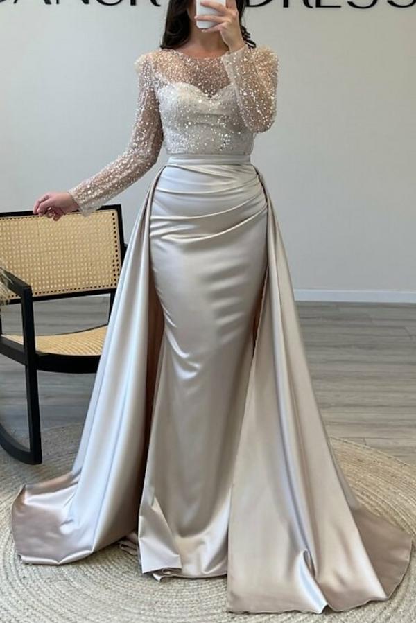 Gorgeous Long Sleeves Satin Mermaid Prom Dress Jewel Neck Glitter Sequins Evening Dress with Train-newarrivaldress