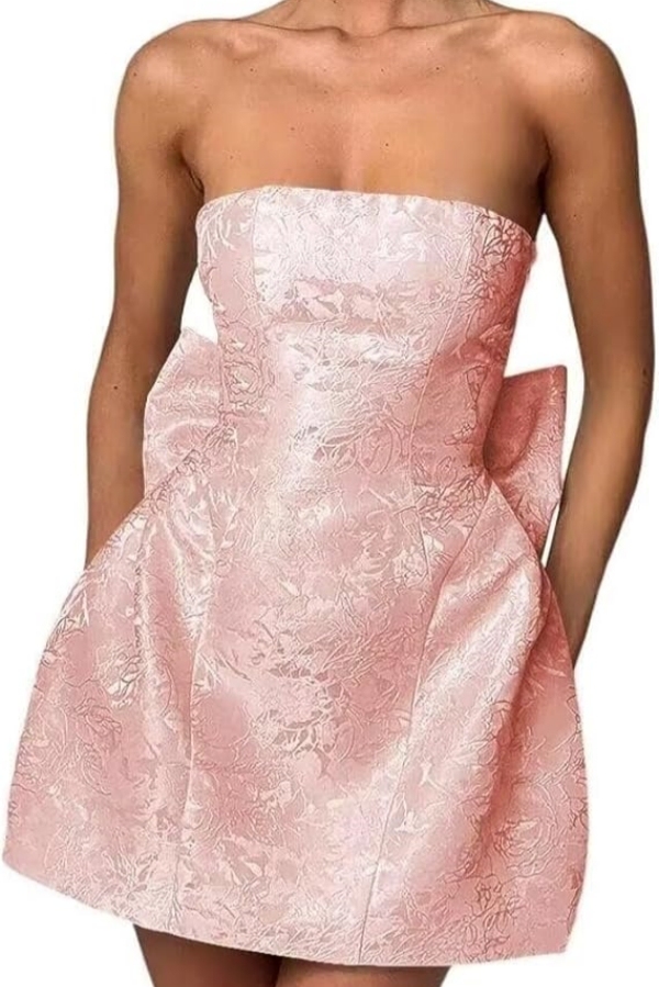 Chic Strapless Ruffle Satin Sheath Prom Dress Short Homecoming Dresses with Bow-newarrivaldress
